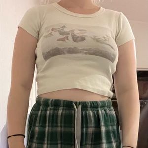 Brandy Melville Cream Crop Babydoll Tee with Butterflies OneSize
